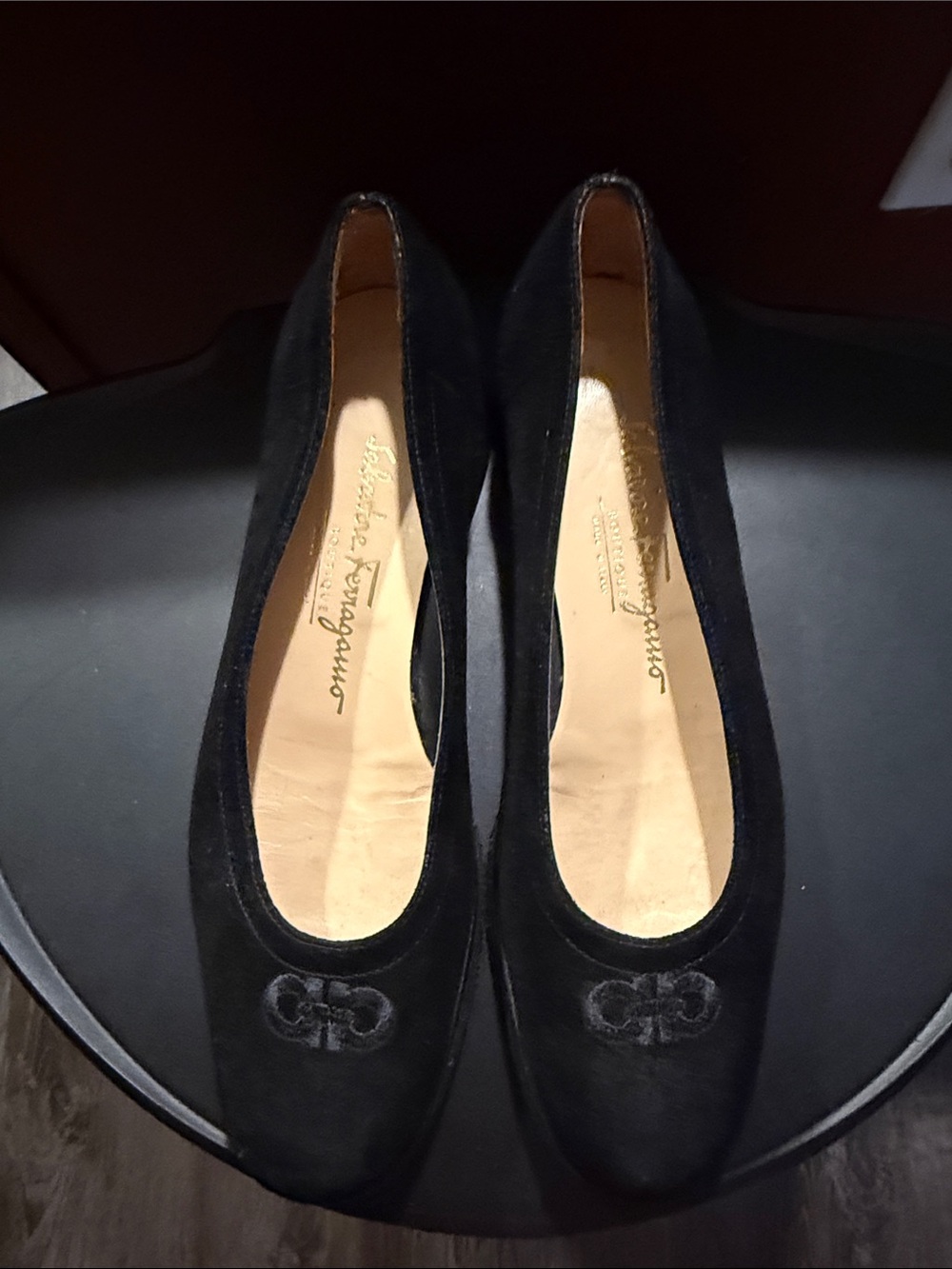 Salvatore Ferragamo Black Suede Ballet Flats with Logo Bow